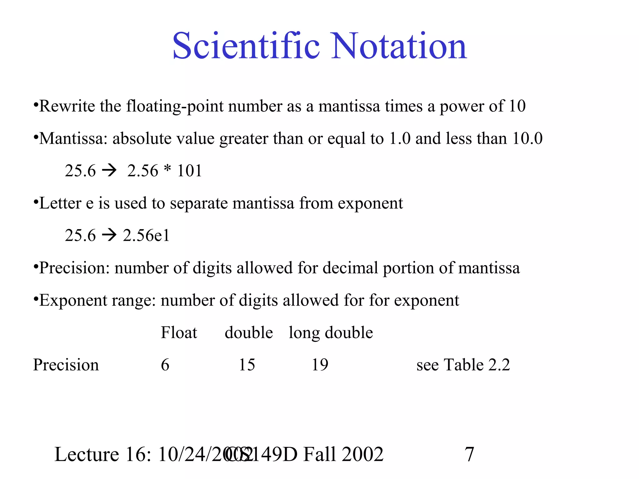 Scientific Notation
•Rewrite the floating-point number as a mantissa times a power of 10
•Mantissa: absolute value greater than or equal to 1.0 and less than 10.0
25.6  2.56 * 101
•Letter e is used to separate mantissa from exponent
25.6  2.56e1
•Precision: number of digits allowed for decimal portion of mantissa
•Exponent range: number of digits allowed for for exponent
Float
Precision

6

double long double
15

19

Lecture 16: 10/24/2002
CS149D Fall 2002

see Table 2.2

7

 