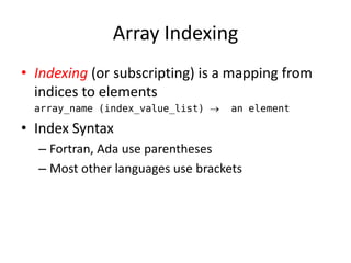 Array Indexing 
•Indexing (or subscripting) is a mapping from indices to elements 
array_name (index_value_list)  an element 
•Index Syntax 
–Fortran, Ada use parentheses 
–Most other languages use brackets  