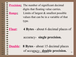 16
Precision: The number of significant decimal
digits that floating value carries.
Range: Limits of largest & smallest possible
values that can be in a variable of that
type.
Float: 4 Bytes - about 6 decimal places of
accuracy- single precision.
Double: 8 Bytes - about 15 decimal places
of accuracy- double precision.http://improvec.blogspot.in
 