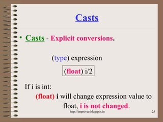 25
• Casts - Explicit conversions.
(type) expression
If i is int:
(float) i will change expression value to
float, i is not changed.
Casts
(float) i/2
http://improvec.blogspot.in
 