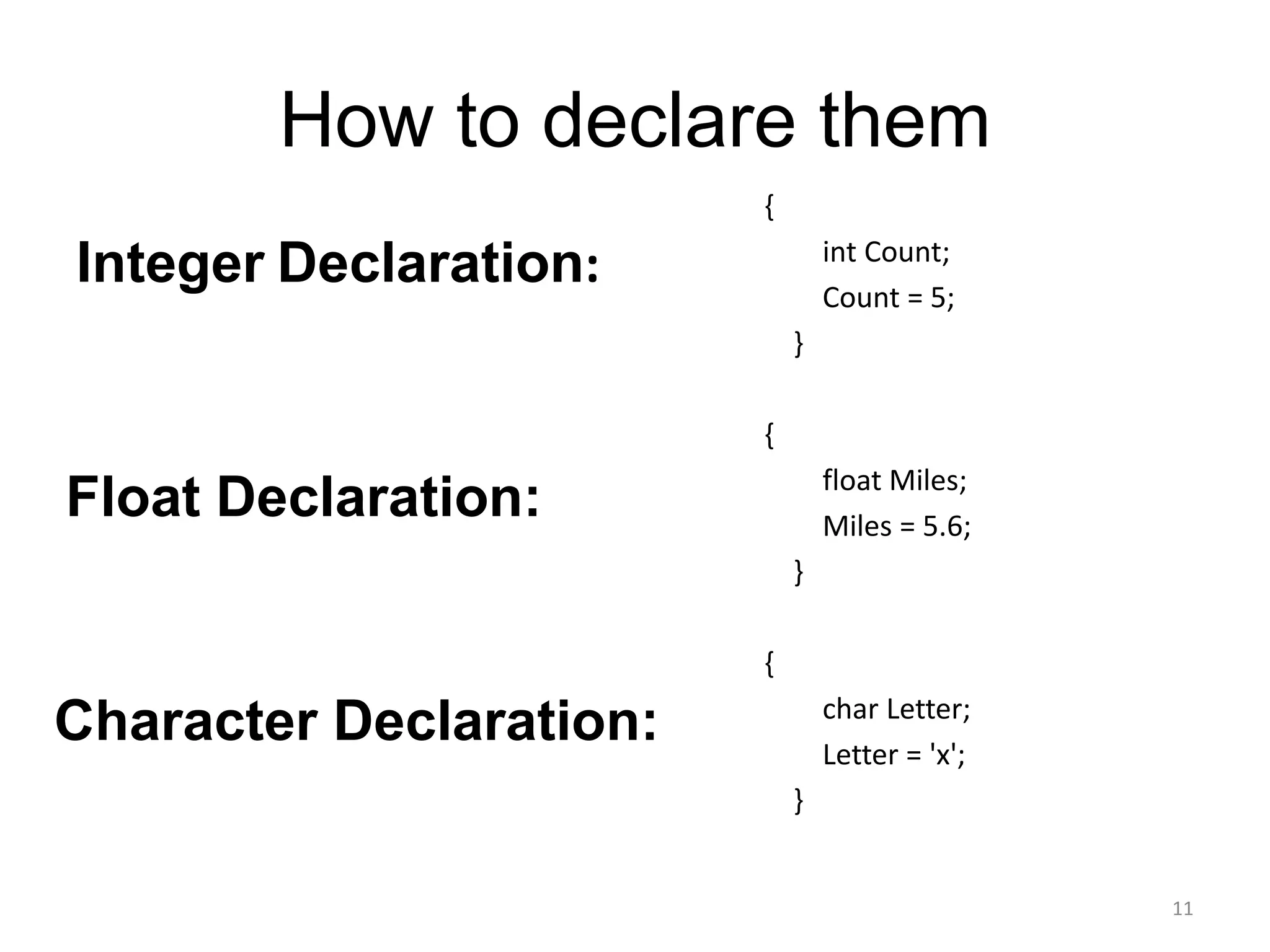 How to declare them
{
int Count;
Count = 5;
}
{
float Miles;
Miles = 5.6;
}
{
char Letter;
Letter = 'x';
}
Integer Declaration:
Float Declaration:
Character Declaration:
11
 