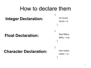 How to declare them
{
int Count;
Count = 5;
}
{
float Miles;
Miles = 5.6;
}
{
char Letter;
Letter = 'x';
}
Integer Declaration:
Float Declaration:
Character Declaration:
11
 