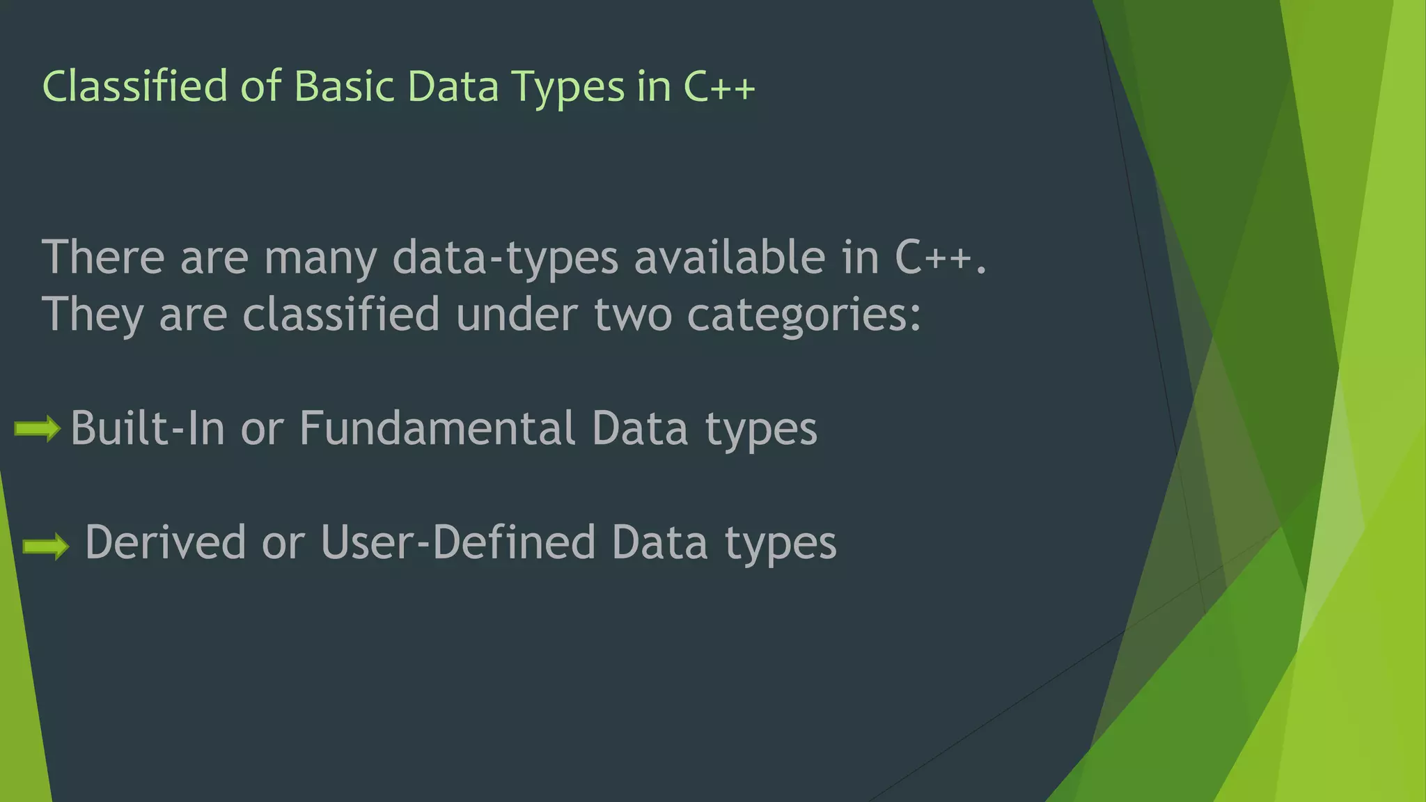 Classified of Basic Data Types in C++
There are many data-types available in C++.
They are classified under two categories:
Built-In or Fundamental Data types
Derived or User-Defined Data types
 