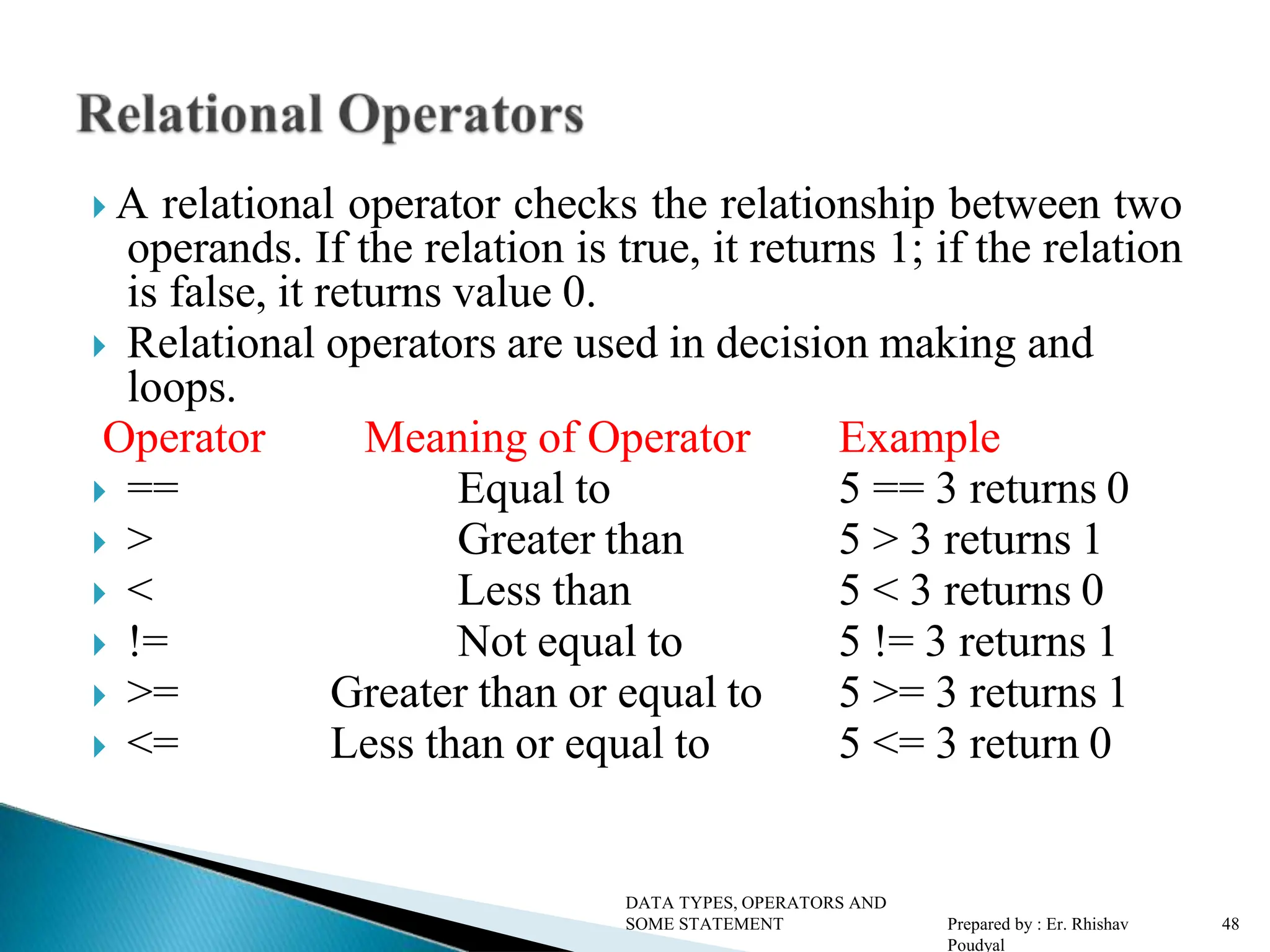 A relational operator checks the relationship between two operands. If the relation is true, it returns 1; if the relation is false, it returns value 0.  Relational operators are used in decision making and loops. Operator Meaning of Operator Example  == Equal to 5 == 3 returns 0  > Greater than 5 > 3 returns 1  < Less than 5 < 3 returns 0  != Not equal to 5 != 3 returns 1  >= Greater than or equal to 5 >= 3 returns 1  <= Less than or equal to 5 <= 3 return 0 DATA TYPES, OPERATORS AND SOME STATEMENT Prepared by : Er. Rhishav Poudyal 48 