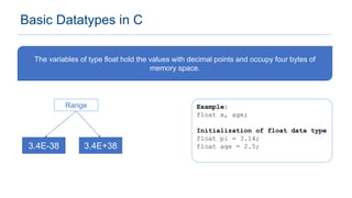 Basic Datatypes in C
Example:
float x, age;
Initialization of float data type
float pi = 3.14;
float age = 2.5;
The variables of type float hold the values with decimal points and occupy four bytes of
memory space.
Range
3.4E-38 3.4E+38
 