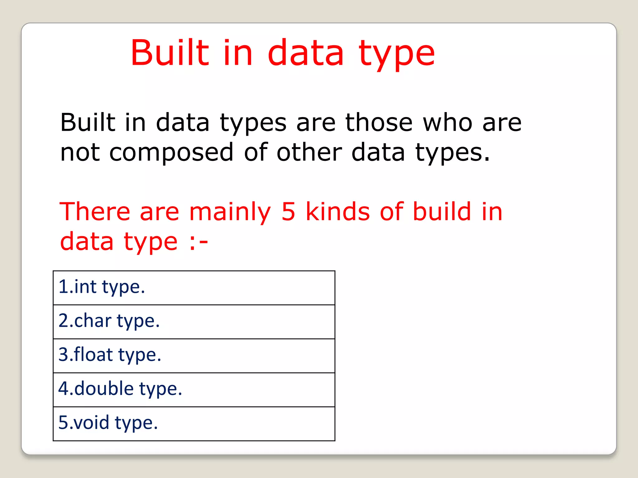 Built in data type
Built in data types are those who are
not composed of other data types.

There are mainly 5 kinds of build in
data type :-
1.int type.
2.char type.
3.float type.
4.double type.
5.void type.
 