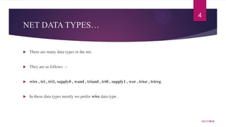 NET DATA TYPES… 
 There are many data types in the net. 
 They are as follows :- 
 wire , tri , tri1, supply0 , wand , ...