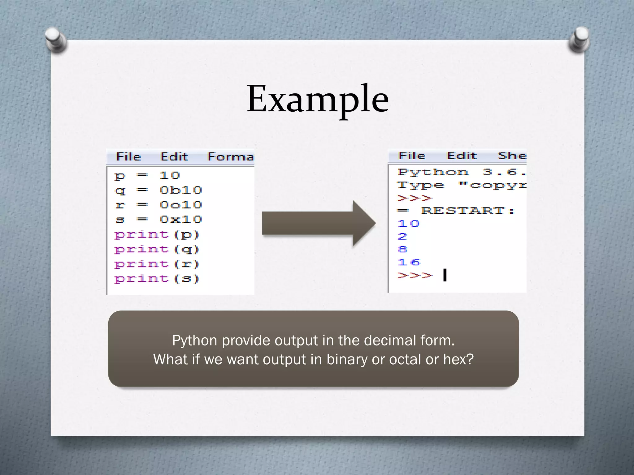 Example
Python provide output in the decimal form.
What if we want output in binary or octal or hex?
 
