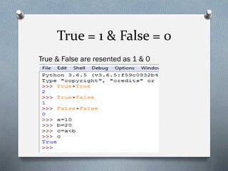 True = 1 & False = 0
True & False are resented as 1 & 0
respectively
 