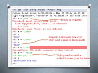 Should be in quotes
Output in single quote only, even
when input is given in double quote
Triple quote for multiline
In shell it shows n as line break
 
