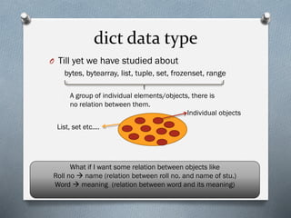 dict data type
O Till yet we have studied about
bytes, bytearray, list, tuple, set, frozenset, range
A group of individual elements/objects, there is
no relation between them.
List, set etc....
Individual objects
What if I want some relation between objects like
Roll no → name (relation between roll no. and name of stu.)
Word → meaning (relation between word and its meaning)
 