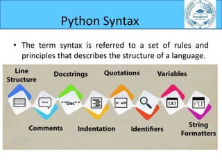 • The term syntax is referred to a set of rules and
principles that describes the structure of a language.
Python Syntax
 