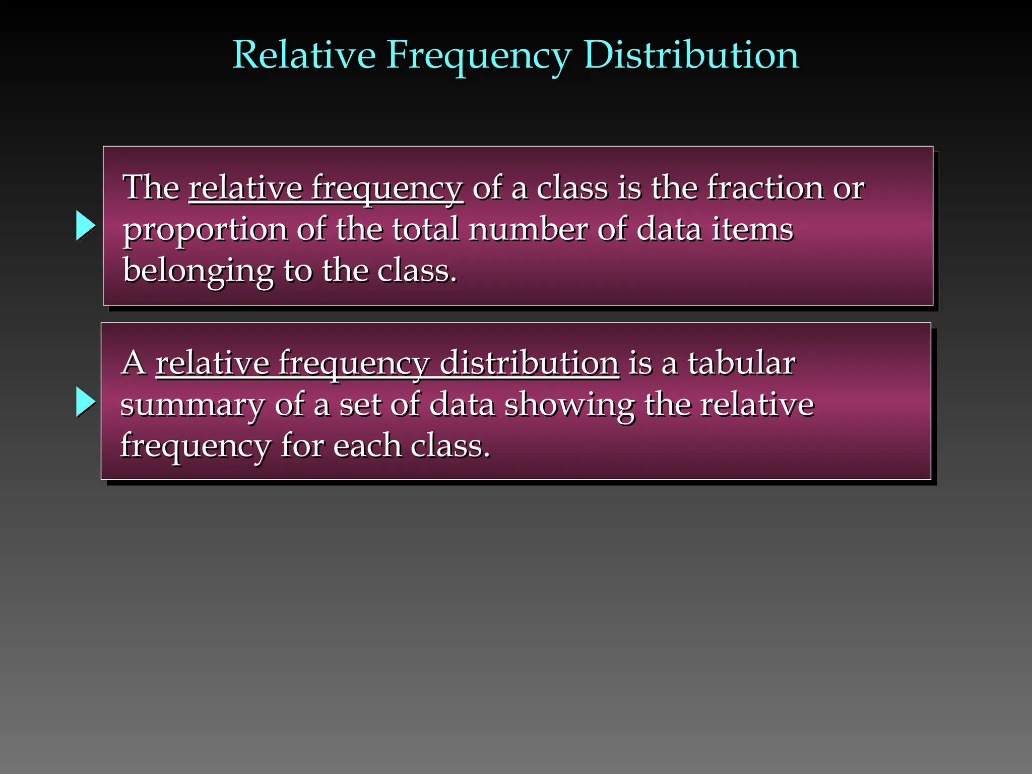 The
The relative frequency
relative frequency of a class is the fraction or
of a class is the fraction or
proportion of the total number of data items
proportion of the total number of data items
belonging to the class.
belonging to the class.
A
A relative frequency distribution
relative frequency distribution is a tabular
is a tabular
summary of a set of data showing the relative
summary of a set of data showing the relative
frequency for each class.
frequency for each class.
Relative Frequency Distribution
Relative Frequency Distribution
 