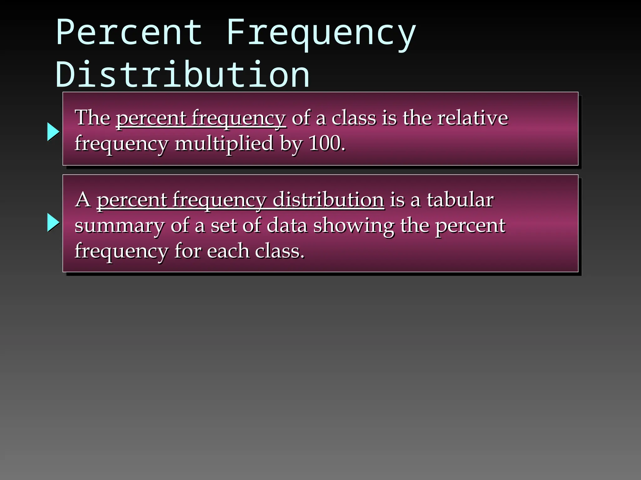 Percent Frequency
Distribution
The
The percent frequency
percent frequency of a class is the relative
of a class is the relative
frequency multiplied by 100.
frequency multiplied by 100.
A
A percent frequency distribution
percent frequency distribution is a tabular
is a tabular
summary of a set of data showing the percent
summary of a set of data showing the percent
frequency for each class.
frequency for each class.
 