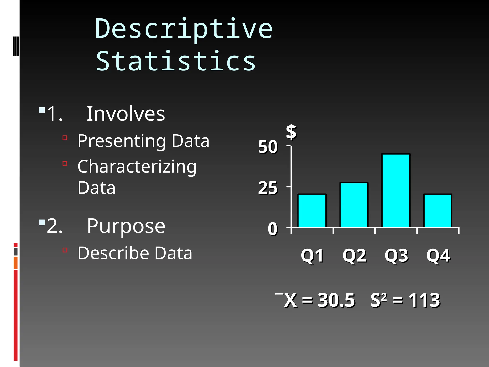 Descriptive
Statistics
1. Involves
 Presenting Data
 Characterizing
Data
2. Purpose
 Describe Data

X = 30.5 S
X = 30.5 S2
2
= 113
= 113
0
0
25
25
50
50
Q1
Q1 Q2
Q2 Q3
Q3 Q4
Q4
$
$
 