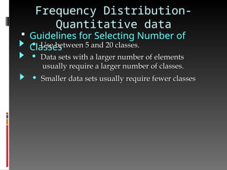 Frequency Distribution-
Quantitative data
 Guidelines for Selecting Number of
Classes
• Use between 5 and 20 classes.
Use between 5 and 20 classes.
• Data sets with a larger number of elements
Data sets with a larger number of elements
usually require a larger number of classes.
usually require a larger number of classes.
• Smaller data sets usually require fewer classes
Smaller data sets usually require fewer classes
 