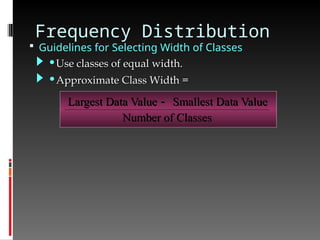Frequency Distribution
 Guidelines for Selecting Width of Classes
Largest Data Value Smallest Data Value
Number of Classes

•Use classes of equal width.
Use classes of equal width.
•Approximate Class Width =
Approximate Class Width =
 