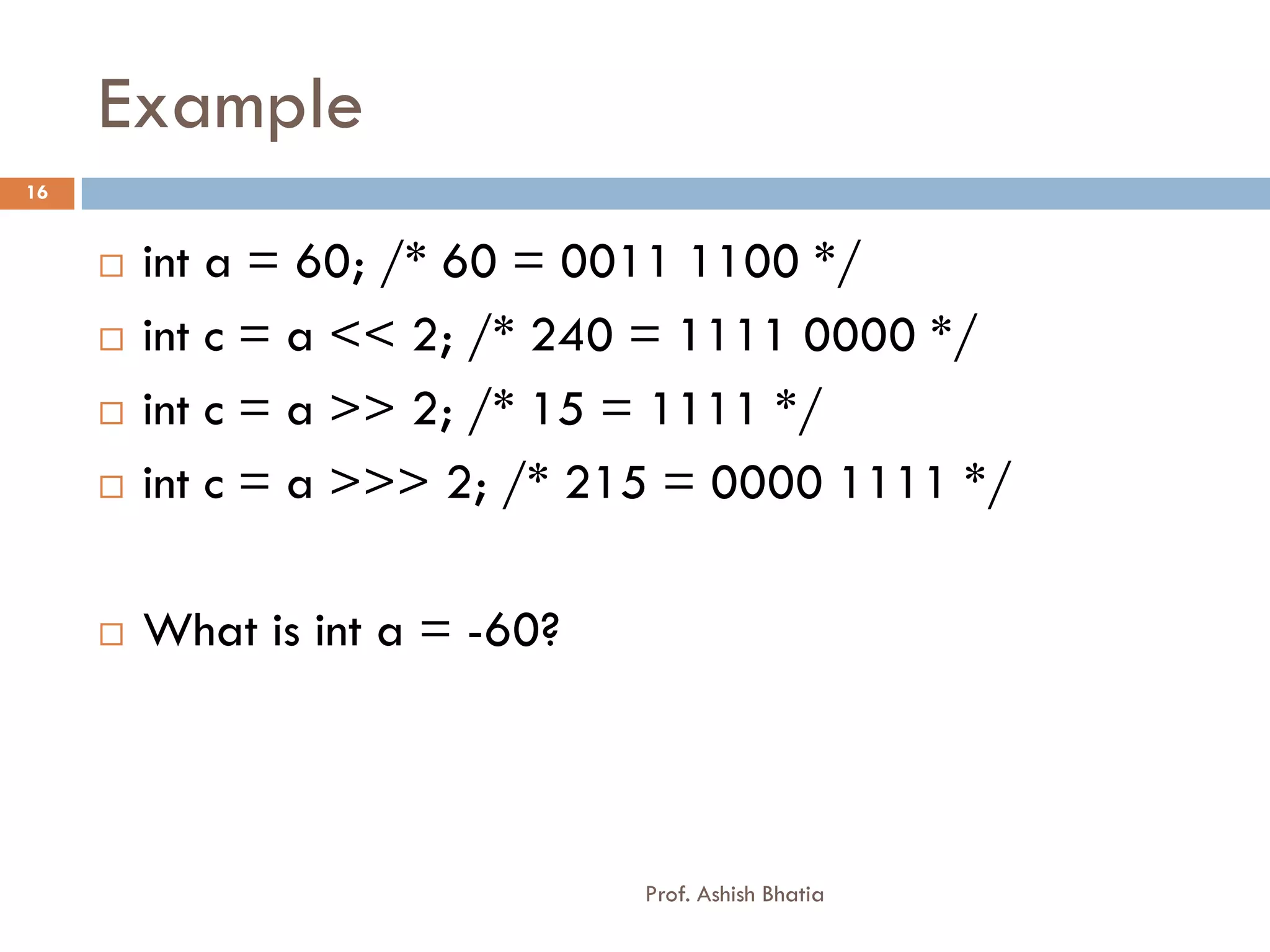 Example
16


        int a = 60; /* 60 = 0011 1100 */
        int c = a << 2; /* 240 = 1111 0000 */
        int c = a >> 2; /* 15 = 1111 */
        int c = a >>> 2; /* 215 = 0000 1111 */

        What is int a = -60?




                                Prof. Ashish Bhatia
 