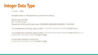Integer Data Type
2. int a = - 456;
Variable value is -456.Now let us convert it to binary.
Binary value of 456-
0 1 1 1 0 0 1 0 0 0
Stored as 32 bit so this becomes- 00000000 00000000 00000001 11001000
1’s complement of binary value of 456: 11111111 11111111 11111110 00110111
2’s complement of binary value of 456: ( 11111111 11111111 11111110 00110111) + 1 =
( 11111111 11111111 11111110 00111000)
So the value stored in memory is
( 11111111 11111111 11111110 00111000)
 