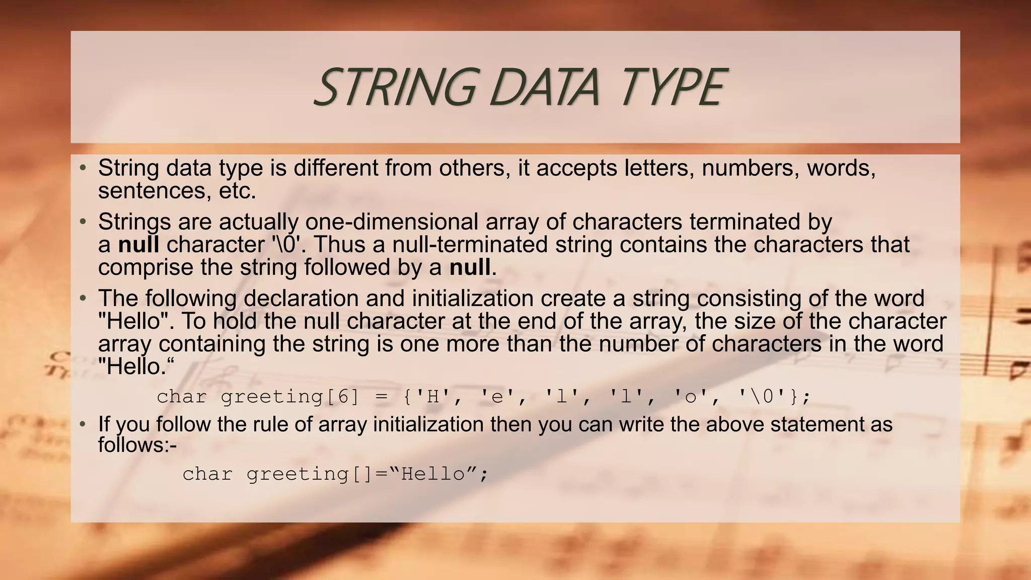 Data types in c language | PPTX | Programming Languages | Computing