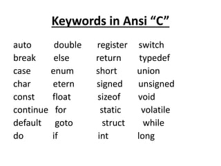 Keywords in Ansi “C”
auto double register switch
break else return typedef
case enum short union
char etern signed unsigned
const float sizeof void
continue for static volatile
default goto struct while
do if int long
 