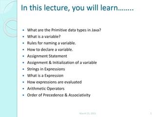 Data types, Variables, Expressions & Arithmetic Operators in java | PPSX