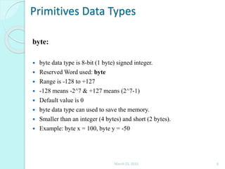 Data types, Variables, Expressions & Arithmetic Operators in java | PPT