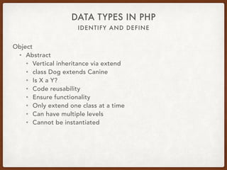 IDENTIFY AND DEFINE
DATA TYPES IN PHP
Object
• Abstract
• Interface
• Trait
 