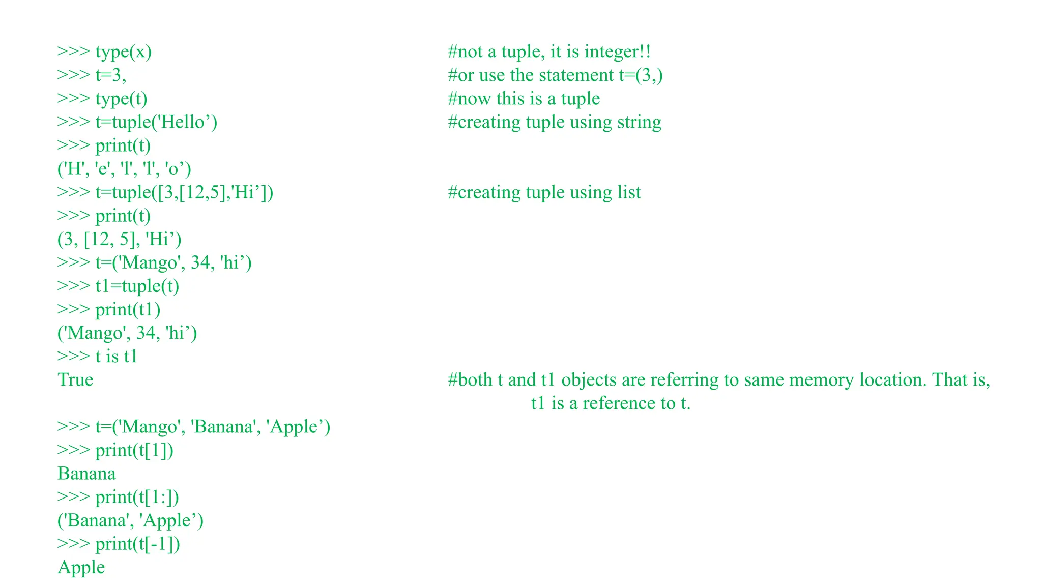 >>> type(x) #not a tuple, it is integer!!
>>> t=3, #or use the statement t=(3,)
>>> type(t) #now this is a tuple
>>> t=tuple('Hello’) #creating tuple using string
>>> print(t)
('H', 'e', 'l', 'l', 'o’)
>>> t=tuple([3,[12,5],'Hi’]) #creating tuple using list
>>> print(t)
(3, [12, 5], 'Hi’)
>>> t=('Mango', 34, 'hi’)
>>> t1=tuple(t)
>>> print(t1)
('Mango', 34, 'hi’)
>>> t is t1
True #both t and t1 objects are referring to same memory location. That is,
t1 is a reference to t.
>>> t=('Mango', 'Banana', 'Apple’)
>>> print(t[1])
Banana
>>> print(t[1:])
('Banana', 'Apple’)
>>> print(t[-1])
Apple
 