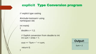 explicit Type Conversion program
Sum = 2
Output:
// explicit type casting
#include<iostream> using
namespace std;
int main()
{
double x = 1.2;
// Explicit conversion from double to int
int sum = (int)x + 1;
cout << "Sum = " << sum;
return 0;
}
 