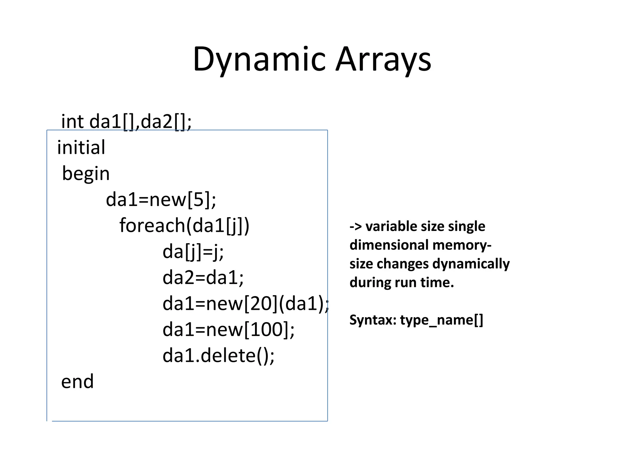 Dynamic Arrays
int da1[],da2[];
initial
begin
da1=new[5];
foreach(da1[j])
da[j]=j;
da2=da1;
da1=new[20](da1);
da1=new[100];
da1.delete();
end
-> variable size single
dimensional memory-
size changes dynamically
during run time.
Syntax: type_name[]
 