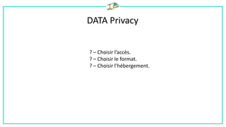 DATA Privacy
? – Choisir l’accès.
? – Choisir le format.
? – Choisir l’hébergement.
 