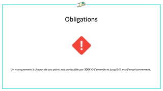 Obligations
Un manquement à chacun de ces points est punissable par 300K € d’amende et jusqu’à 5 ans d’emprisonnement.
 