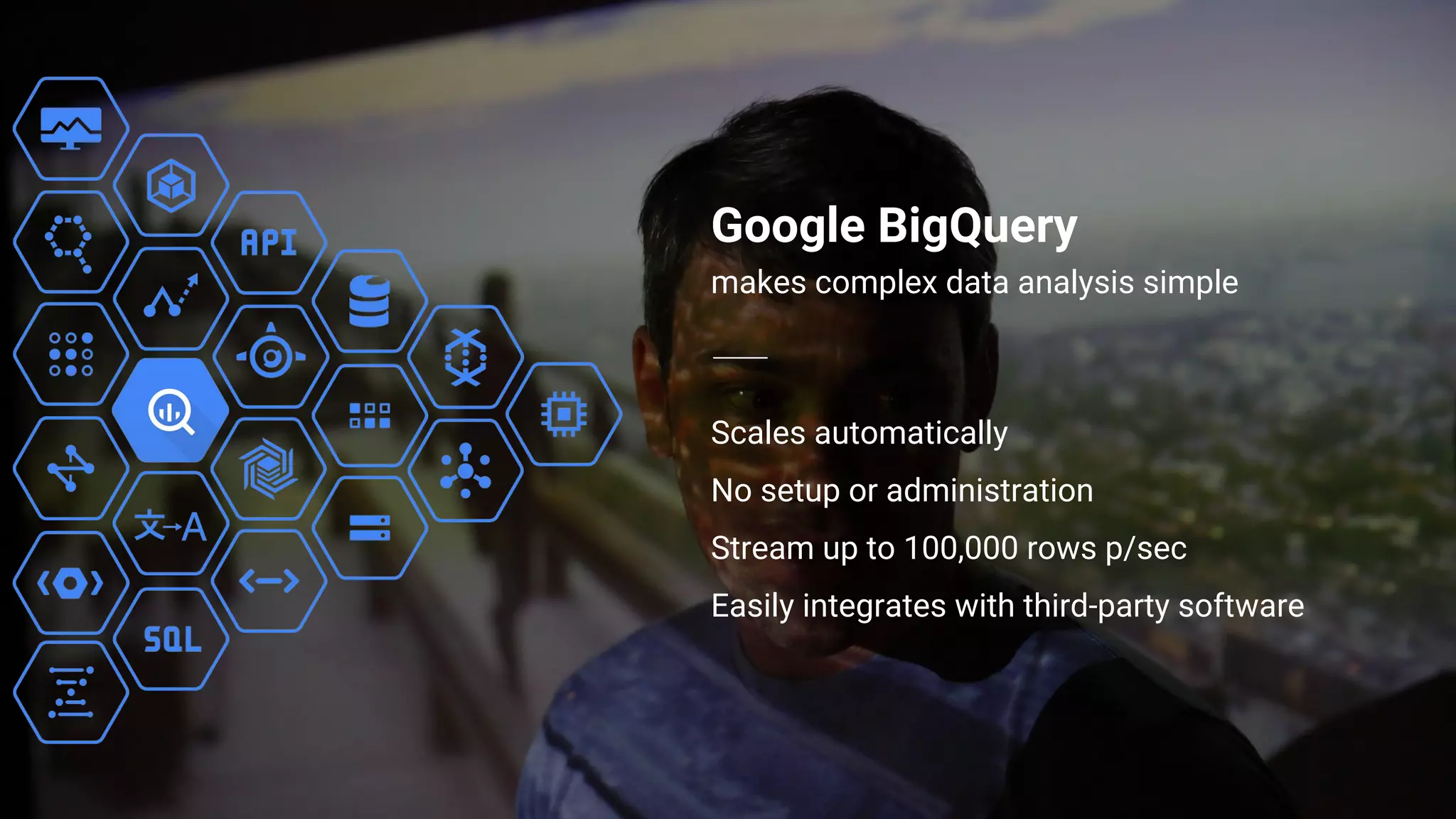 Building what’s next 10
Scales automatically
No setup or administration
Stream up to 100,000 rows p/sec
Easily integrates with third-party software
Google BigQuery
makes complex data analysis simple
 