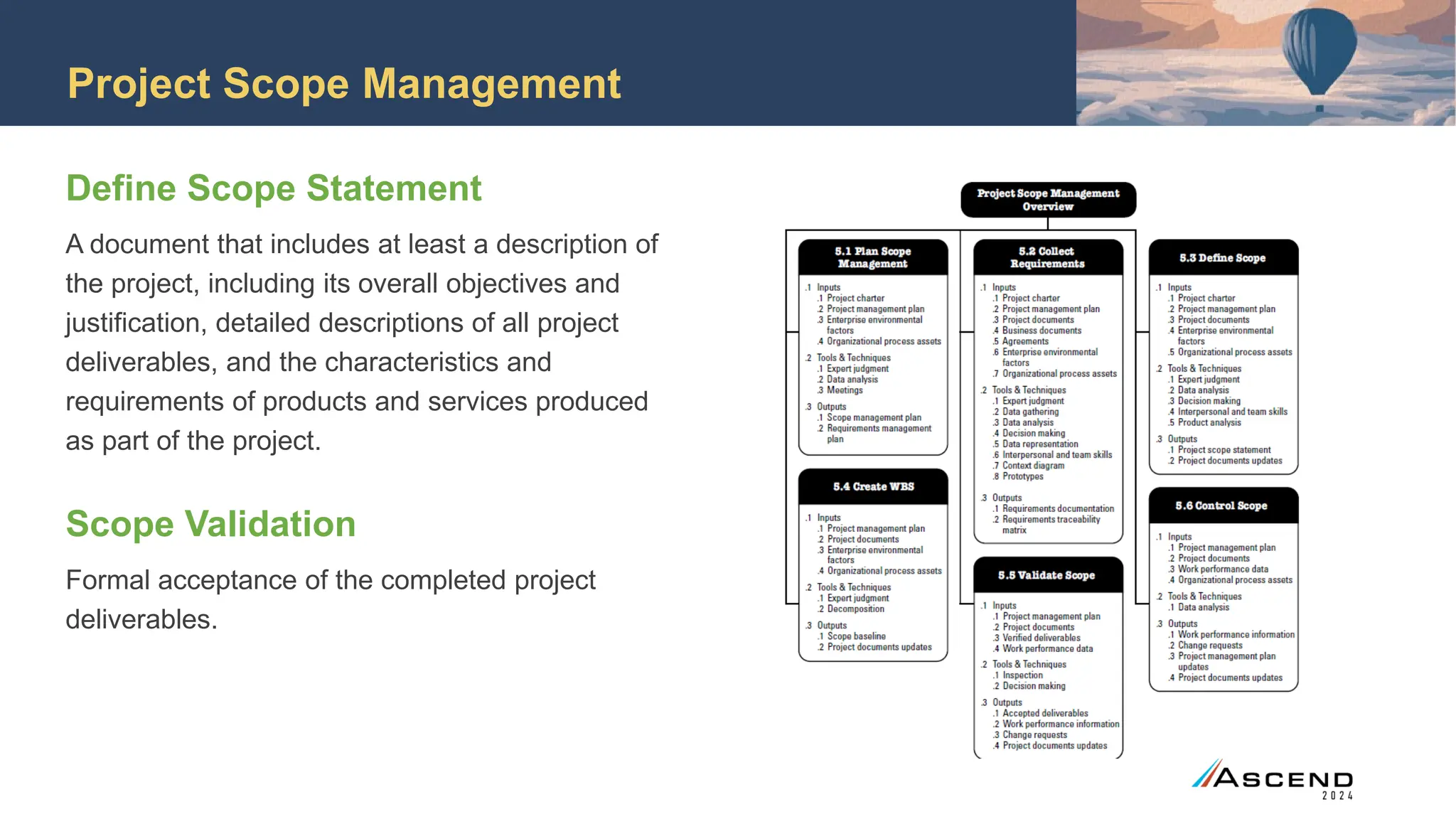 Project Scope Management
Define Scope Statement
A document that includes at least a description of
the project, including its overall objectives and
justification, detailed descriptions of all project
deliverables, and the characteristics and
requirements of products and services produced
as part of the project.
Scope Validation
Formal acceptance of the completed project
deliverables.
 
