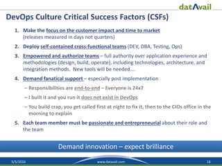5/5/2016 18www.datavail.com
DevOps Culture Critical Success Factors (CSFs)
1. Make the focus on the customer impact and time to market
(releases measured in days not quarters)
2. Deploy self-contained cross-functional teams (DEV, DBA, Testing, Ops)
3. Empowered and authorize teams – full authority over application experience and
methodologies (design, build, operate), including technologies, architecture, and
integration methods. New tools will be needed….
4. Demand fanatical support – especially post implementation
– Responsibilities are end-to-end – Everyone is 24x7
– I built it and you run it does not exist in DevOps
– You build crap, you get called first at night to fix it, then to the CIOs office in the
morning to explain
5. Each team member must be passionate and entrepreneurial about their role and
the team
Demand innovation – expect brilliance
 