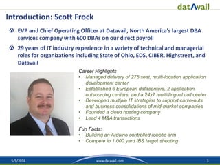 5/5/2016 3www.datavail.com
Career Highlights
• Managed delivery of 275 seat, multi-location application
development center
• Established 6 European datacenters, 2 application
outsourcing centers, and a 24x7 multi-lingual call center
• Developed multiple IT strategies to support carve-outs
and business consolidations of mid-market companies
• Founded a cloud hosting company
• Lead 4 M&A transactions
Fun Facts:
• Building an Arduino controlled robotic arm
• Compete in 1,000 yard IBS target shooting
Introduction: Scott Frock
EVP and Chief Operating Officer at Datavail, North America’s largest DBA
services company with 600 DBAs on our direct payroll
29 years of IT industry experience in a variety of technical and managerial
roles for organizations including State of Ohio, EDS, CIBER, Highstreet, and
Datavail
 