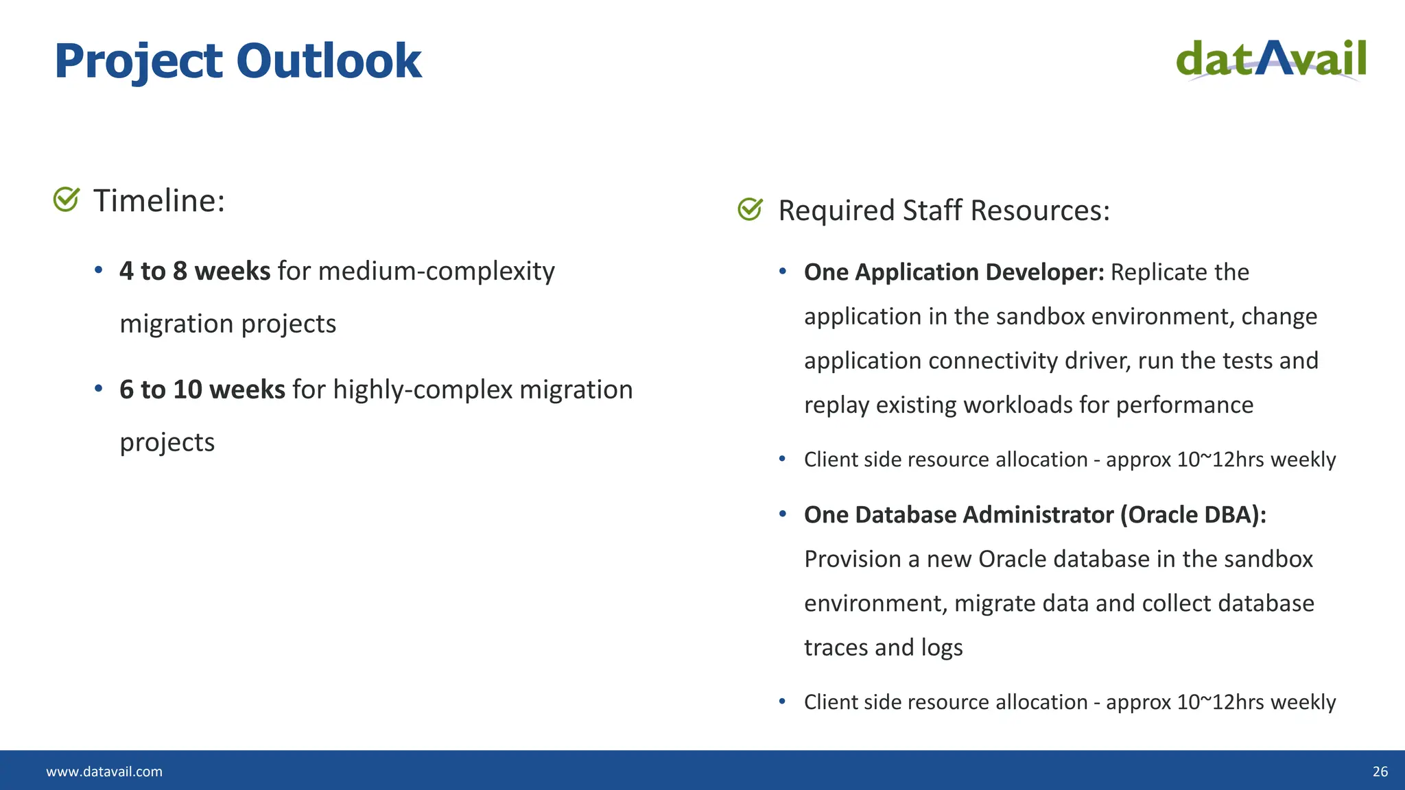 www.datavail.com 26 Timeline: • 4 to 8 weeks for medium-complexity migration projects • 6 to 10 weeks for highly-complex migration projects Required Staff Resources: • One Application Developer: Replicate the application in the sandbox environment, change application connectivity driver, run the tests and replay existing workloads for performance • Client side resource allocation - approx 10~12hrs weekly • One Database Administrator (Oracle DBA): Provision a new Oracle database in the sandbox environment, migrate data and collect database traces and logs • Client side resource allocation - approx 10~12hrs weekly Project Outlook 