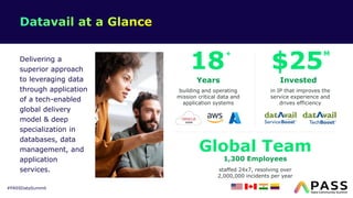 #PASSDataSummit
Delivering a
superior approach
to leveraging data
through application
of a tech-enabled
global delivery
model & deep
specialization in
databases, data
management, and
application
services.
$25
M
Invested
in IP that improves the
service experience and
drives efficiency
18
+
Years
building and operating
mission critical data and
application systems
Global Team
1,300 Employees
staffed 24x7, resolving over
2,000,000 incidents per year
 