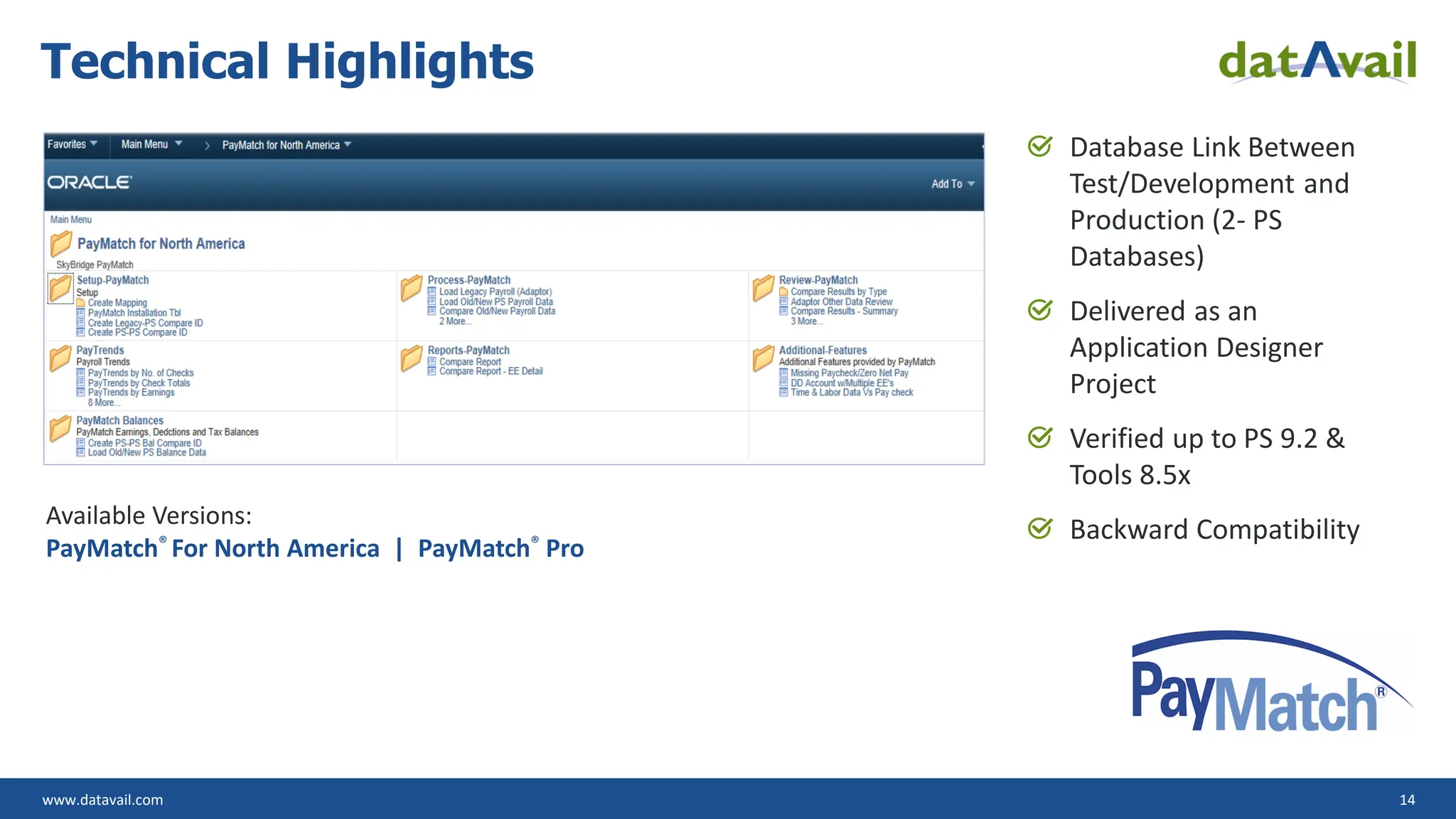 www.datavail.com 14
Technical Highlights
Database Link Between
Test/Development and
Production (2- PS
Databases)
Delivered as an
Application Designer
Project
Verified up to PS 9.2 &
Tools 8.5x
Backward Compatibility
Available Versions:
PayMatch® For North America | PayMatch® Pro
 