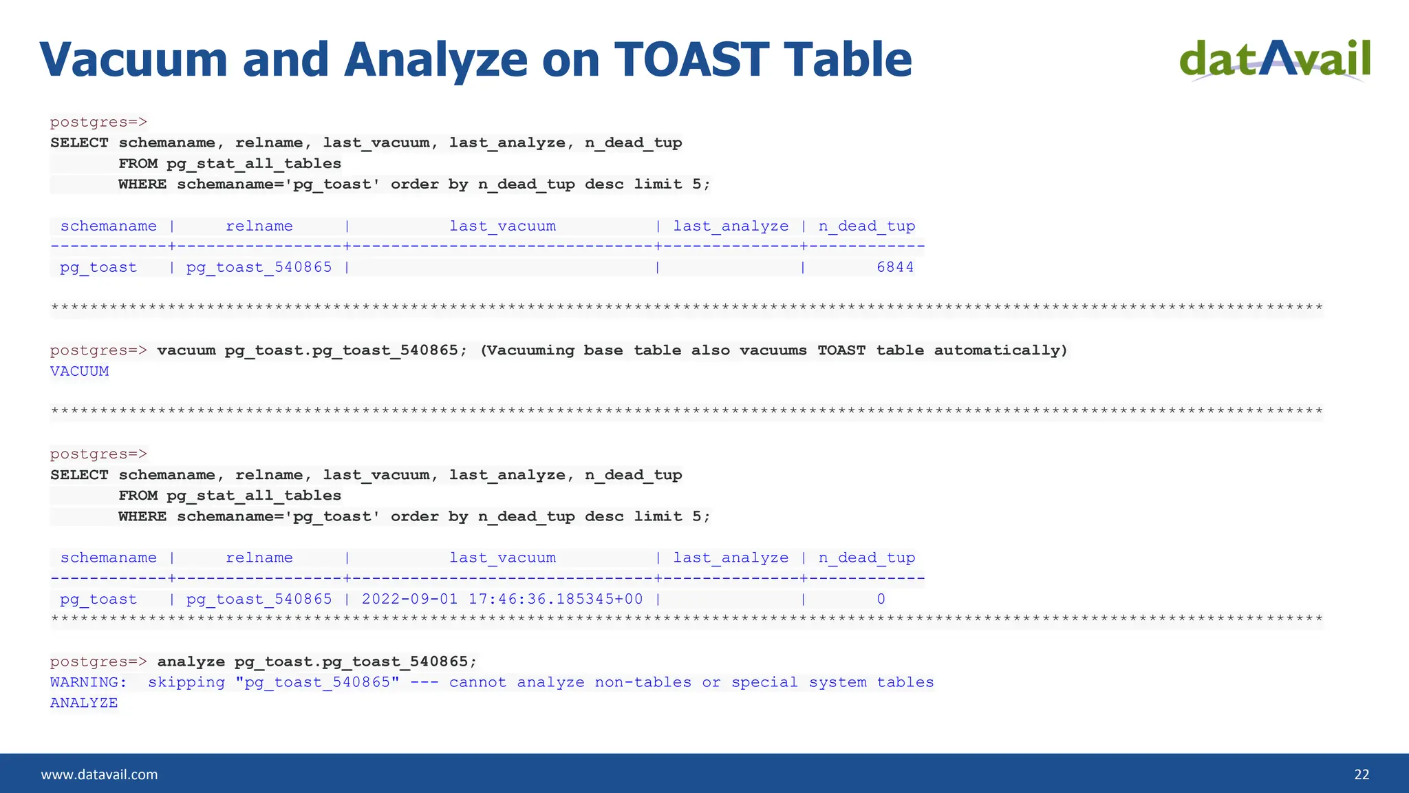 www.datavail.com 22 Vacuum and Analyze on TOAST Table postgres=> SELECT schemaname, relname, last_vacuum, last_analyze, n_dead_tup FROM pg_stat_all_tables WHERE schemaname='pg_toast' order by n_dead_tup desc limit 5; schemaname | relname | last_vacuum | last_analyze | n_dead_tup ------------+-----------------+-------------------------------+--------------+------------ pg_toast | pg_toast_540865 | | | 6844 *********************************************************************************************************************************** postgres=> vacuum pg_toast.pg_toast_540865; (Vacuuming base table also vacuums TOAST table automatically) VACUUM *********************************************************************************************************************************** postgres=> SELECT schemaname, relname, last_vacuum, last_analyze, n_dead_tup FROM pg_stat_all_tables WHERE schemaname='pg_toast' order by n_dead_tup desc limit 5; schemaname | relname | last_vacuum | last_analyze | n_dead_tup ------------+-----------------+-------------------------------+--------------+------------ pg_toast | pg_toast_540865 | 2022-09-01 17:46:36.185345+00 | | 0 *********************************************************************************************************************************** postgres=> analyze pg_toast.pg_toast_540865; WARNING: skipping "pg_toast_540865" --- cannot analyze non-tables or special system tables ANALYZE 