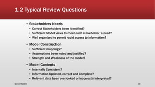 1.2 Typical Review Questions
▪ Stakeholders Needs
▪ Correct Stakeholders been Identified?
▪ Sufficient Model views to meet each stakeholder`s need?
▪ Well organized to permit rapid access to information?
▪ Model Construction
▪ Sufficient mappings?
▪ Assumptions been noted and justified?
▪ Strength and Weakness of the model?
▪ Model Contents
▪ Internally Consistent?
▪ Information Updated, correct and Complete?
▪ Relevant data been overlooked or incorrectly interpreted?
Qamar Wajid Ali 10
 