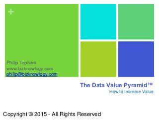+
The Data Value Pyramid™
How to Increase Value
Philip Topham
www.bizknowlogy.com
philip@bizknowlogy.com
Copyright © 2015 - All Rights Reserved
 