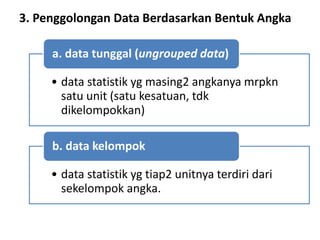 3. Penggolongan Data Berdasarkan Bentuk Angka
• data statistik yg masing2 angkanya mrpkn
satu unit (satu kesatuan, tdk
dikelompokkan)
a. data tunggal (ungrouped data)
• data statistik yg tiap2 unitnya terdiri dari
sekelompok angka.
b. data kelompok
 