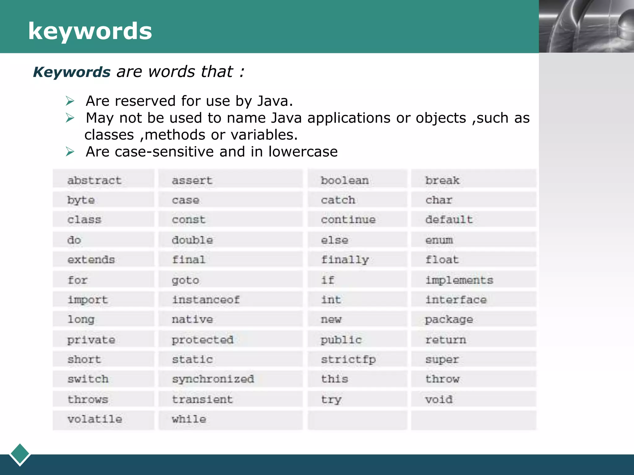 LOGOkeywords
Keywords are words that :
 Are reserved for use by Java.
 May not be used to name Java applications or objects ,such as
classes ,methods or variables.
 Are case-sensitive and in lowercase
 