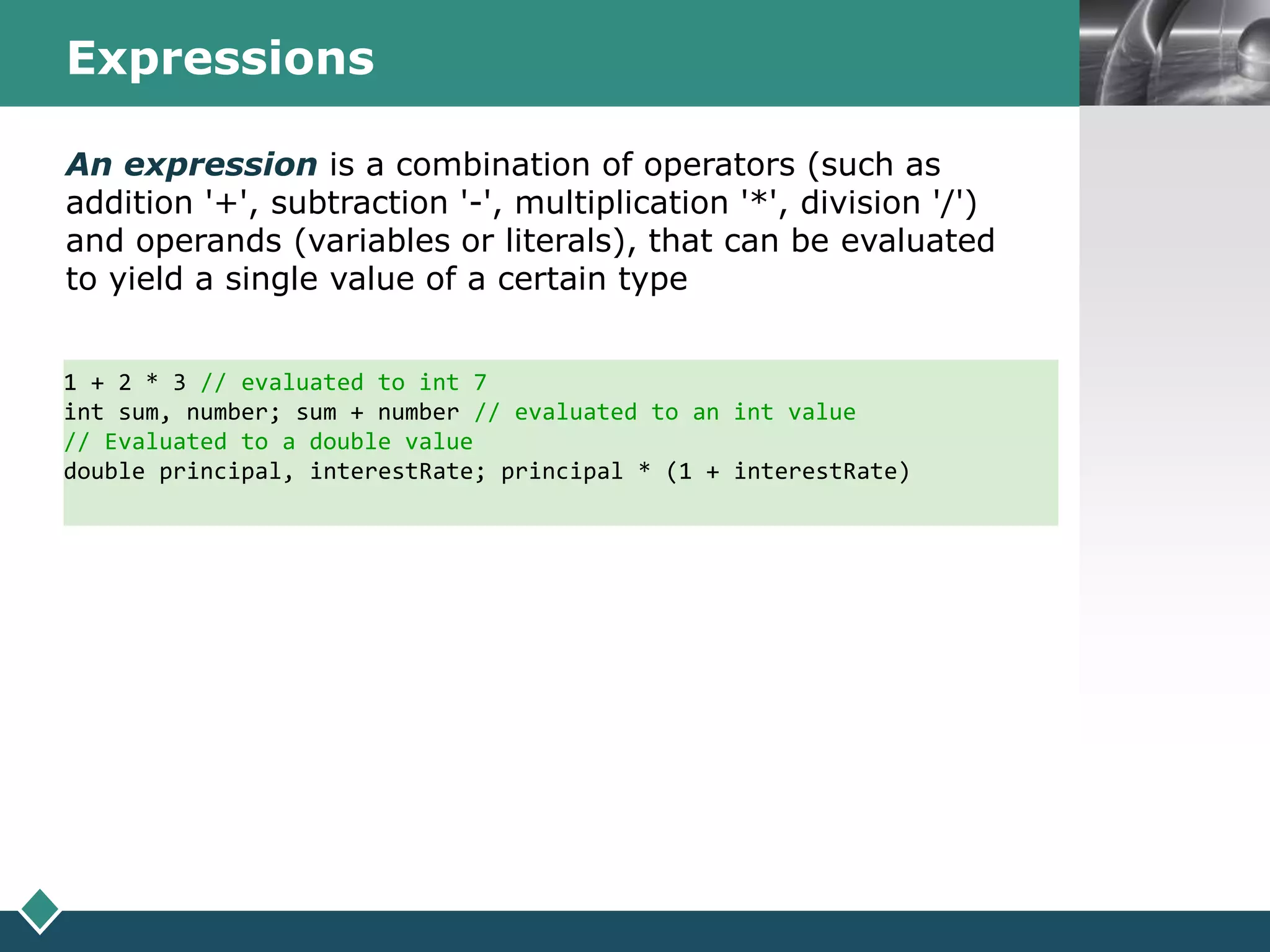 LOGOExpressions
An expression is a combination of operators (such as
addition '+', subtraction '-', multiplication '*', division '/')
and operands (variables or literals), that can be evaluated
to yield a single value of a certain type
1 + 2 * 3 // evaluated to int 7
int sum, number; sum + number // evaluated to an int value
// Evaluated to a double value
double principal, interestRate; principal * (1 + interestRate)
 