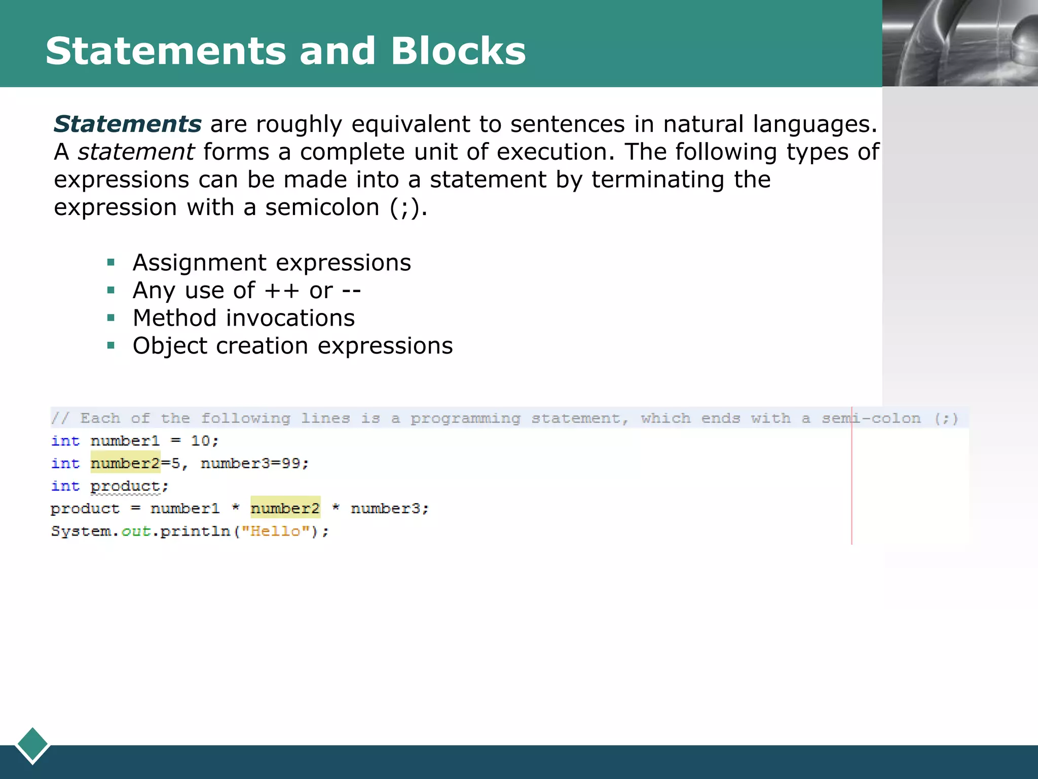 LOGOStatements and Blocks
Statements are roughly equivalent to sentences in natural languages.
A statement forms a complete unit of execution. The following types of
expressions can be made into a statement by terminating the
expression with a semicolon (;).
 Assignment expressions
 Any use of ++ or --
 Method invocations
 Object creation expressions
 