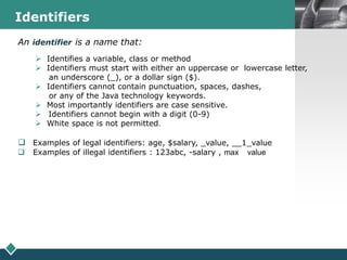 LOGOIdentifiers
An identifier is a name that:
 Identifies a variable, class or method
 Identifiers must start with either an uppercase or lowercase letter,
an underscore (_), or a dollar sign ($).
 Identifiers cannot contain punctuation, spaces, dashes,
or any of the Java technology keywords.
 Most importantly identifiers are case sensitive.
 Identifiers cannot begin with a digit (0-9)
 White space is not permitted.
 Examples of legal identifiers: age, $salary, _value, __1_value
 Examples of illegal identifiers : 123abc, -salary , max value
 
