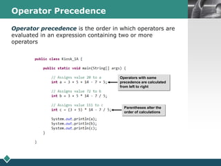 LOGOOperator Precedence
Operator precedence is the order in which operators are
evaluated in an expression containing two or more
operators
Operators with same
precedence are calculated
from left to right
Parentheses alter the
order of calculations
 