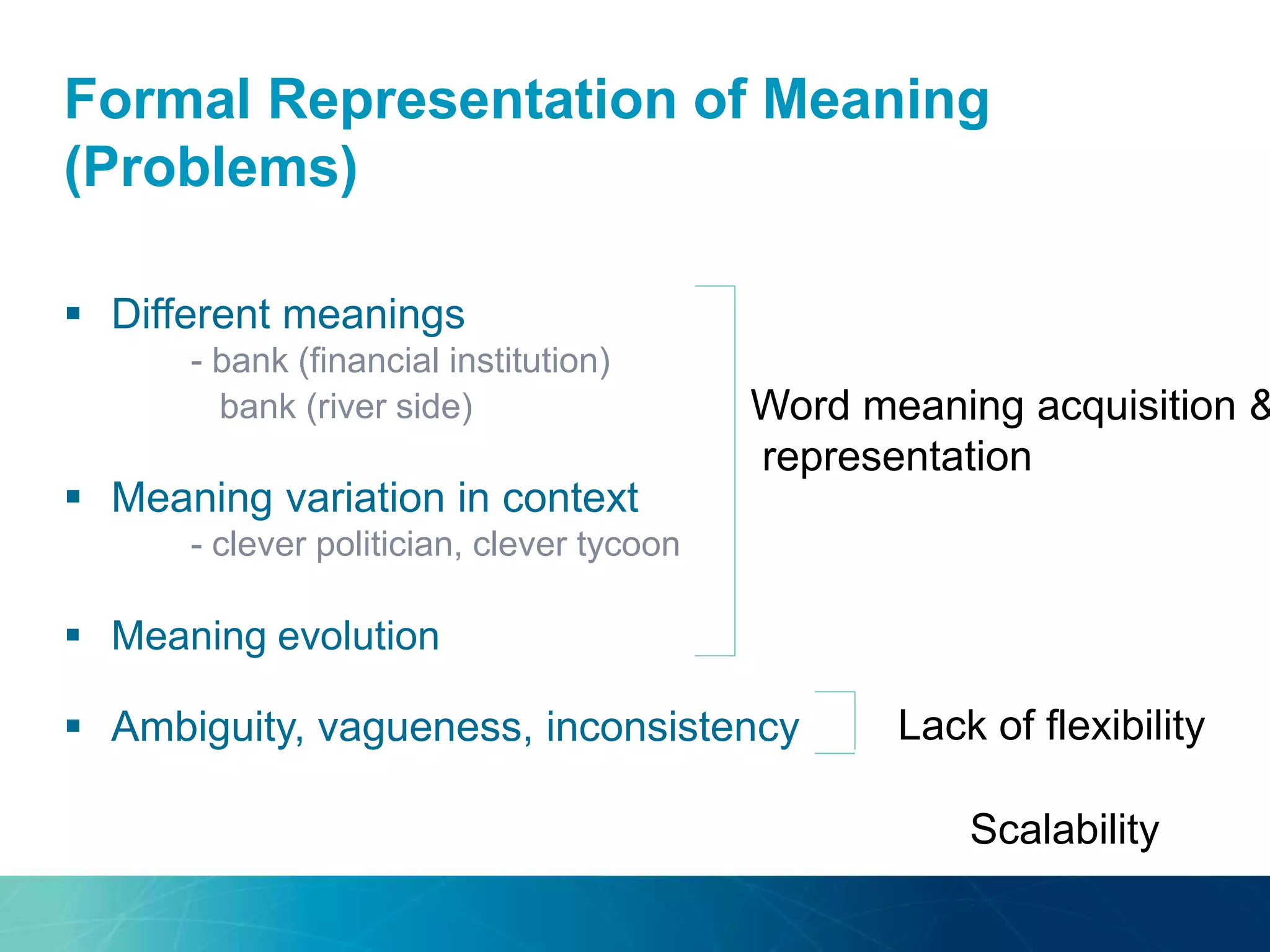 Formal Representation of Meaning
(Problems)
 Different meanings
- bank (financial institution)
bank (river side)
 Meaning variation in context
- clever politician, clever tycoon
 Meaning evolution
 Ambiguity, vagueness, inconsistency
Word meaning acquisition &
representation
Lack of flexibility
Scalability
 